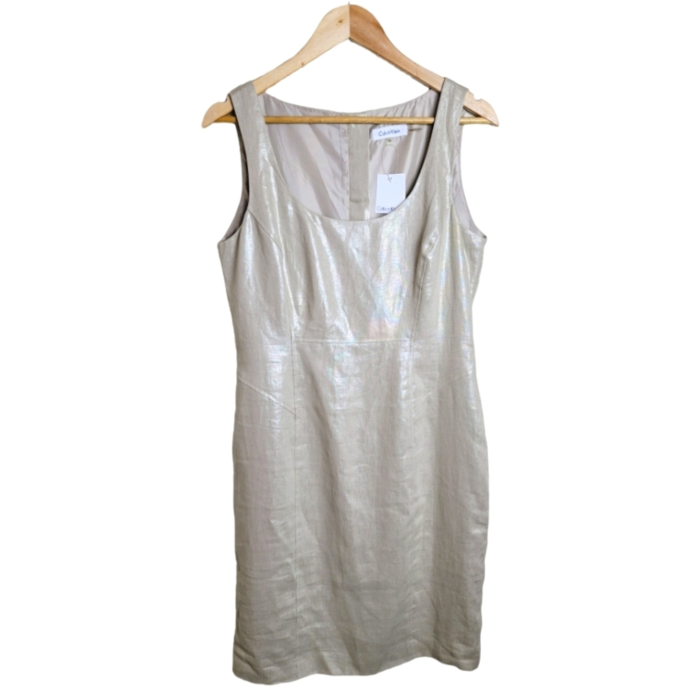 NWT Calvin Klein Linen Shimmery Metallic Sheath Dress Cream Gold Size 10